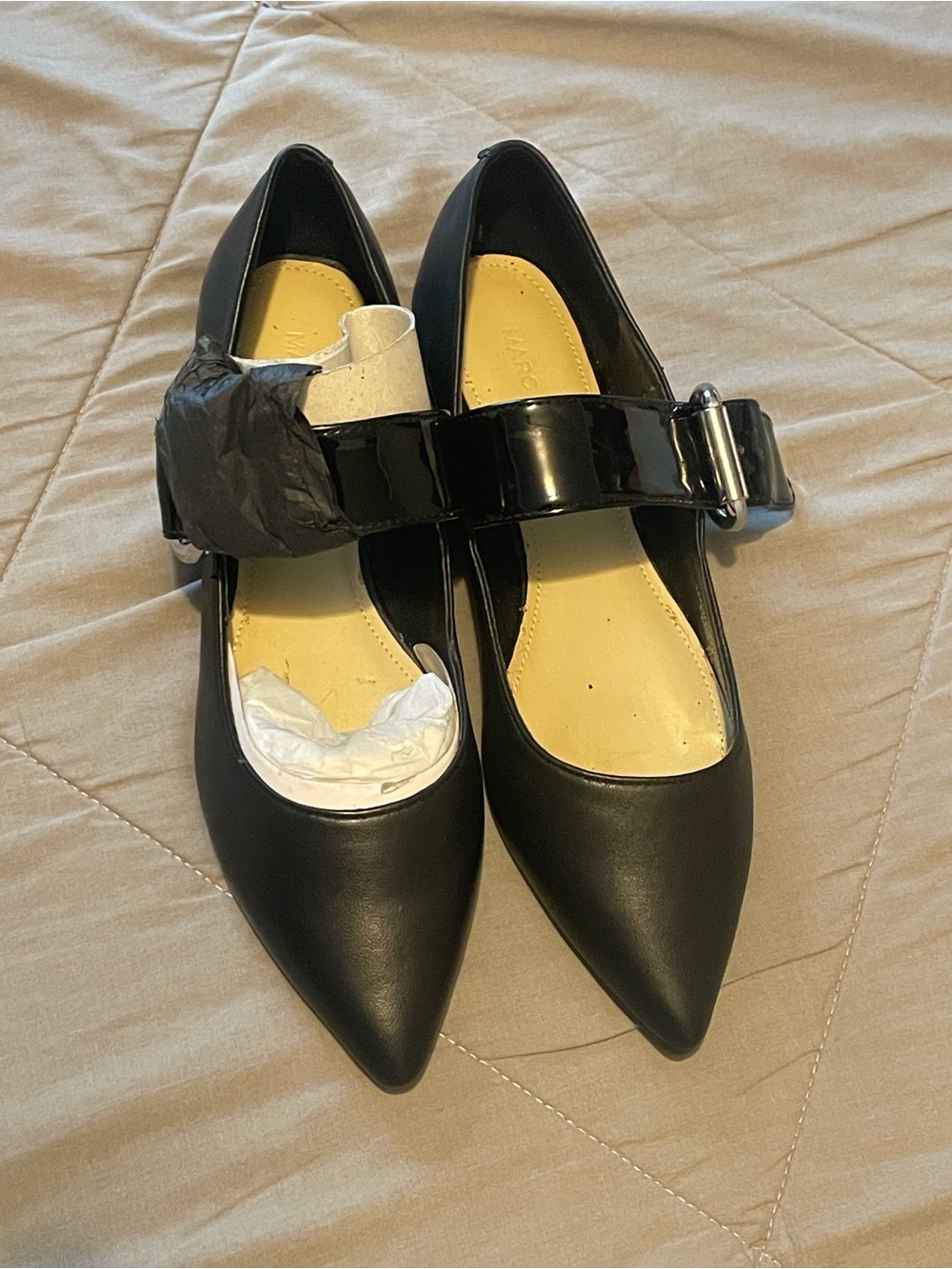 Marc Fisher Black Pointed Mary Jane Flats with Buckle Strap